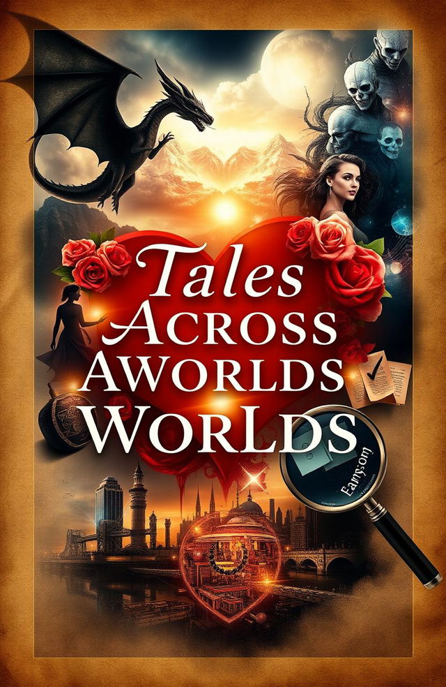 A visually striking book cover for a collection of short stories featuring a variety of genres such as fantasy, horror, romance, science fiction, and mystery