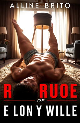 A dramatic book cover featuring a muscular, shirtless man lying on his back on a plush carpet in a cozy, modern apartment