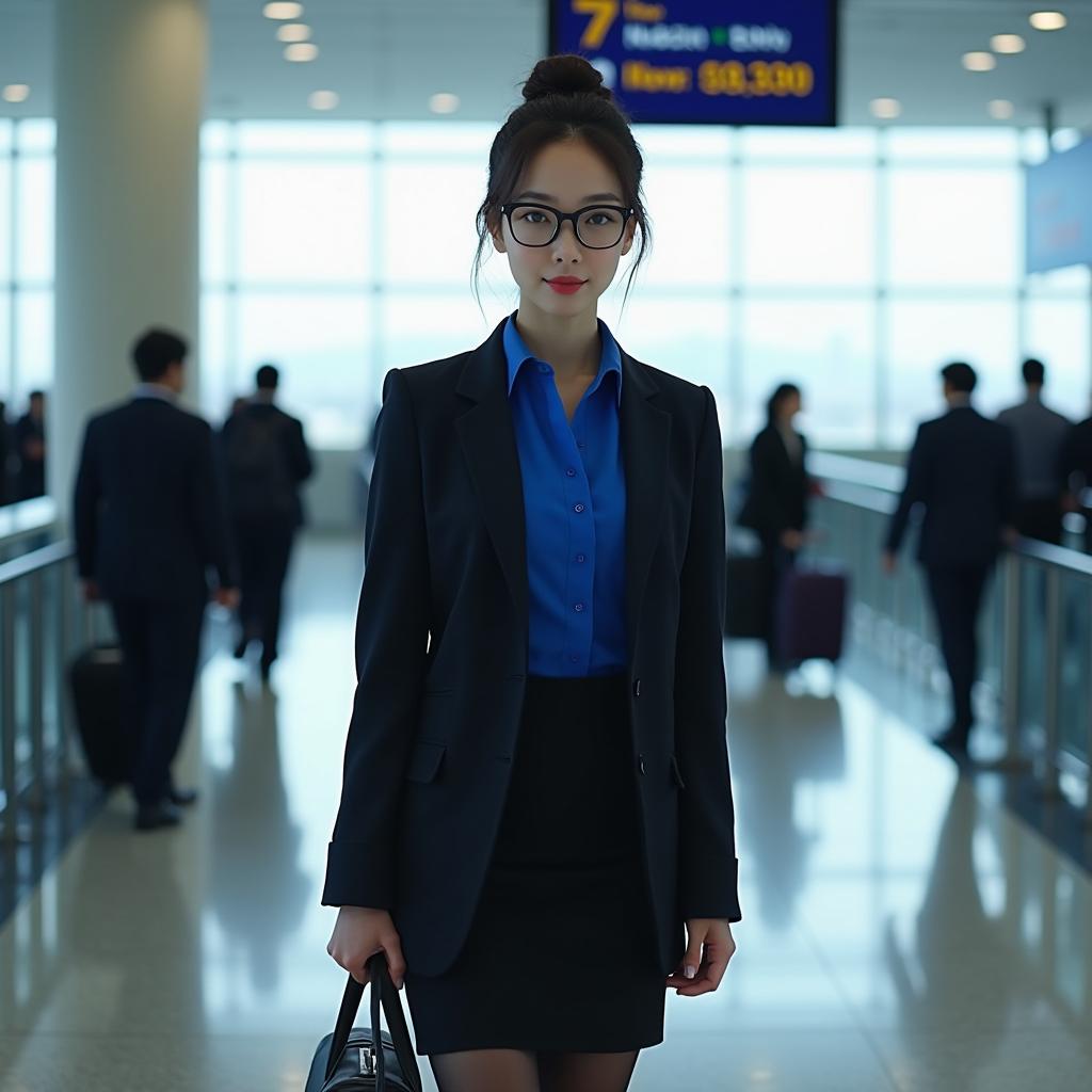 A stunningly attractive Japanese professional woman is dressed in a form-fitting blue blouse paired with a sleek black skirt and black stockings