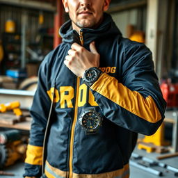A construction worker dressed in a stylish black and gold jacket featuring the word "PROG" boldly displayed