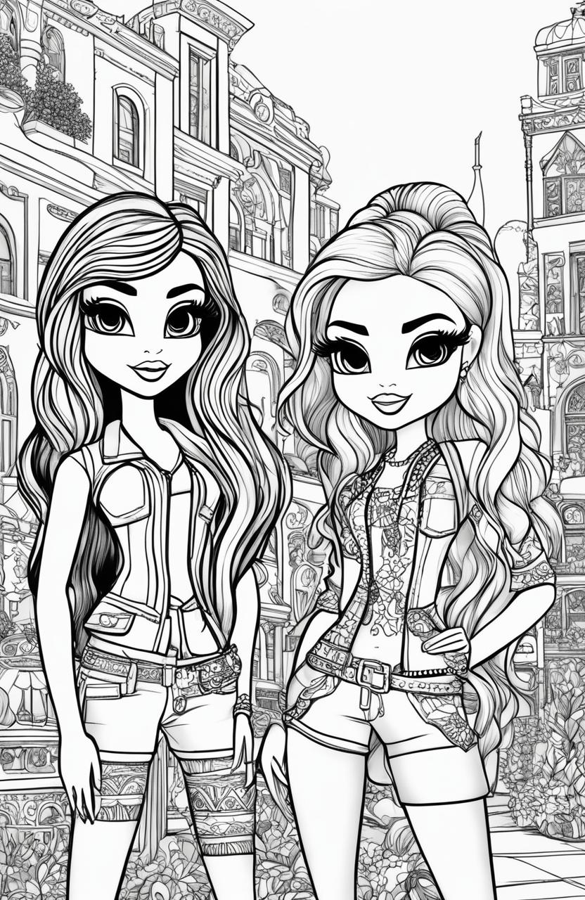 A black and white, high-quality colouring book page featuring the Bratz dolls, drawn with intricate details in the style of artist Tim Jeffs