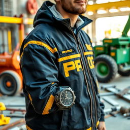 A construction worker dressed in a stylish black and gold jacket featuring the word "PROG" boldly displayed