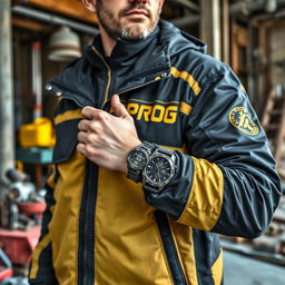 A construction worker dressed in a stylish black and gold jacket featuring the word "PROG" boldly displayed