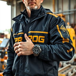 A construction worker dressed in a stylish black and gold jacket featuring the word "PROG" boldly displayed