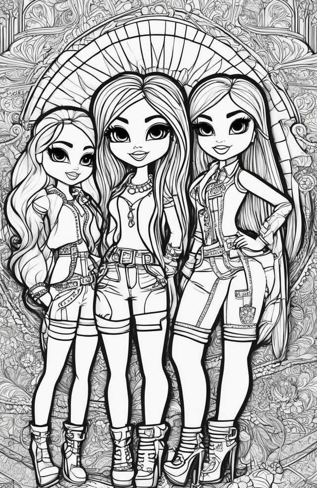 A black and white, high-quality colouring book page featuring the Bratz dolls, drawn with intricate details in the style of artist Tim Jeffs