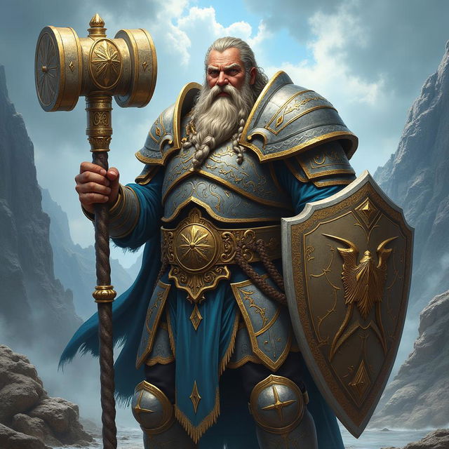 A detailed depiction of a Dwarven war cleric follower of Clangeddin Silverbeard