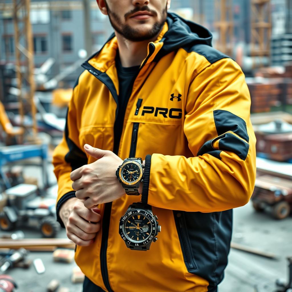 A construction worker wearing a striking black and gold jacket prominently featuring the word "PROG"