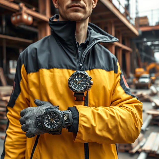 A construction worker wearing a striking black and gold jacket prominently featuring the word "PROG"