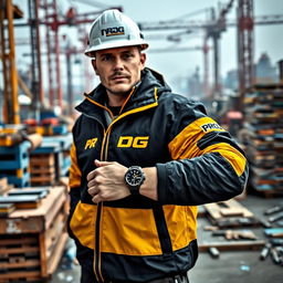 A construction worker wearing a striking black and gold jacket prominently featuring the word "PROG"