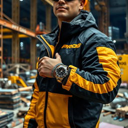 A construction worker wearing a striking black and gold jacket prominently featuring the word "PROG"