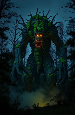 A colossal monster made entirely of zmb (zombie) elements, constructed with intricate details of sisal fibers, surrounded by a dark, moody forest at twilight