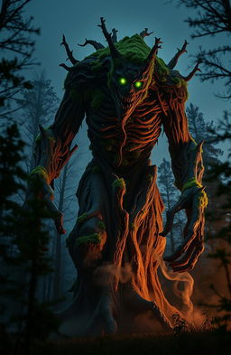 A colossal monster made entirely of zmb (zombie) elements, constructed with intricate details of sisal fibers, surrounded by a dark, moody forest at twilight