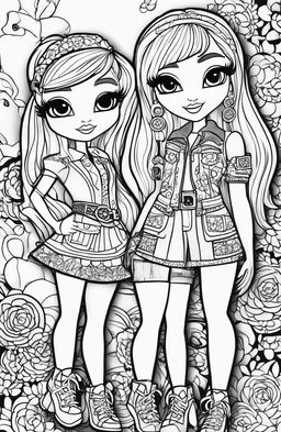 A black and white, high-quality colouring book page featuring the Bratz dolls, drawn with intricate details in the style of artist Tim Jeffs