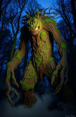 A colossal monster made entirely of zmb (zombie) elements, constructed with intricate details of sisal fibers, surrounded by a dark, moody forest at twilight