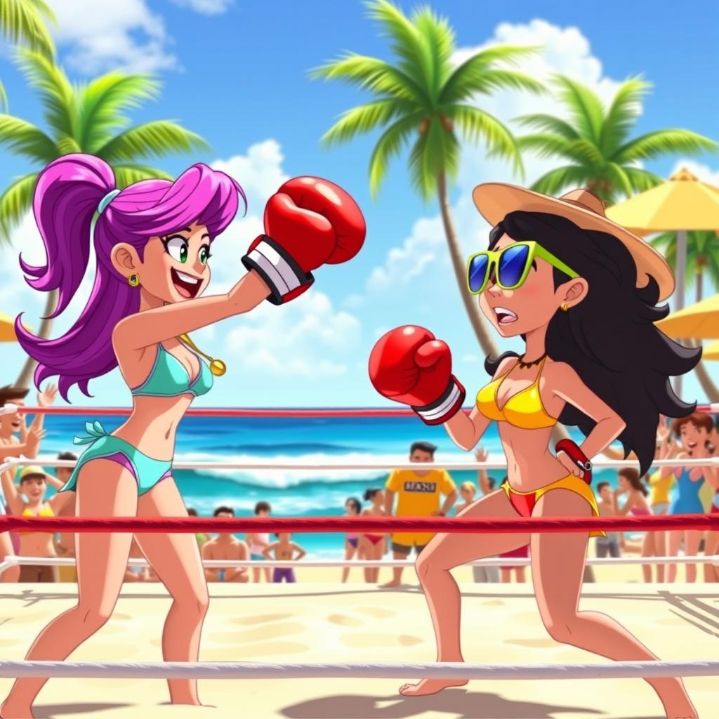 A dynamic scene depicting an intense boxing match between Nani, the energetic animated character with vibrant personality traits, and a lifeguard, showcasing strong athletic build and confidence