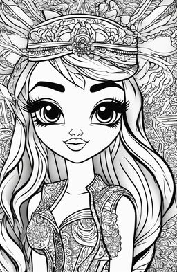 A black and white, high-quality colouring book page featuring the Bratz dolls, drawn with intricate details in the style of artist Tim Jeffs