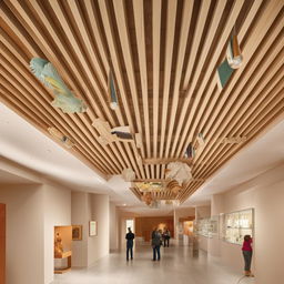 Design a striking exhibition area within an art museum, filled with intriguing display objects and artifacts. Above, a wooden coffered ceiling adds depth and architectural interest.