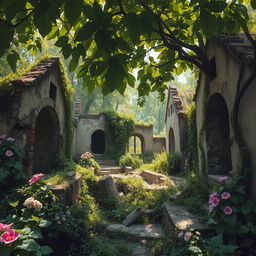 A mesmerizing scene depicting the ruins of abandoned dwellings, enveloped by thick, overgrown vegetation