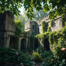 A mesmerizing scene depicting the ruins of abandoned dwellings, enveloped by thick, overgrown vegetation