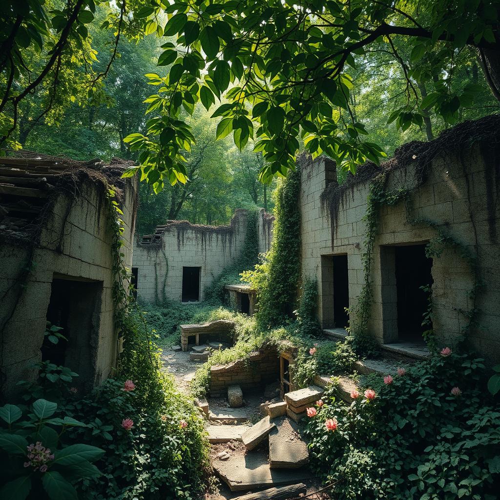 A mesmerizing scene depicting the ruins of abandoned dwellings, enveloped by thick, overgrown vegetation