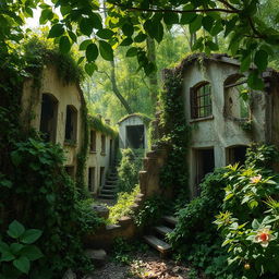 A mesmerizing scene depicting the ruins of abandoned dwellings, enveloped by thick, overgrown vegetation
