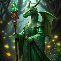 A majestic emerald dragonborn cleric dressed in ornate, nature-themed robes adorned with intricate leaf patterns