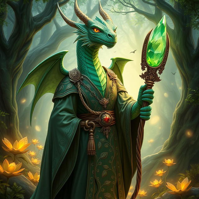 A majestic emerald dragonborn cleric dressed in ornate, nature-themed robes adorned with intricate leaf patterns