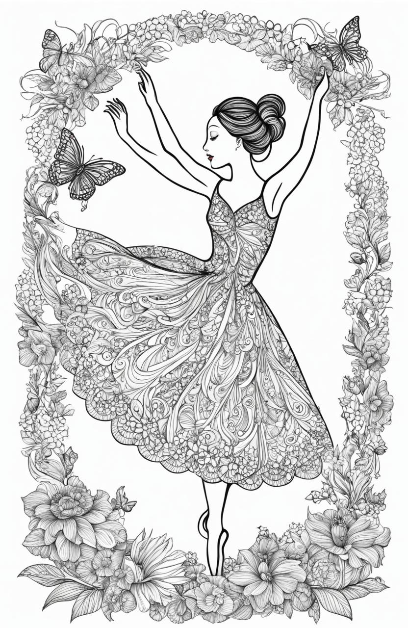 An intricate coloring page featuring a graceful ballerina in mid-dance, surrounded by whimsical elements including botanical designs and butterflies, in the style of Johanna Basford