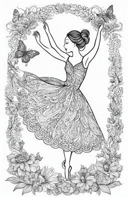 An intricate coloring page featuring a graceful ballerina in mid-dance, surrounded by whimsical elements including botanical designs and butterflies, in the style of Johanna Basford