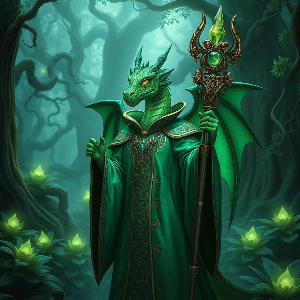 A majestic emerald dragonborn cleric dressed in ornate, nature-themed robes adorned with intricate leaf patterns