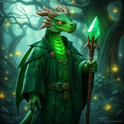 A majestic emerald dragonborn cleric dressed in ornate, nature-themed robes adorned with intricate leaf patterns