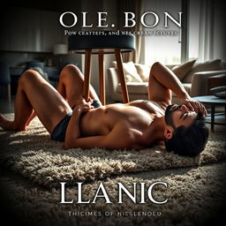 A dramatic book cover featuring a muscular, shirtless man lying on his back on a plush carpet in a cozy, modern apartment