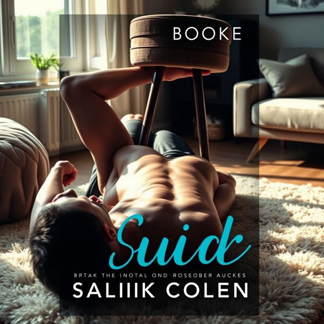 A dramatic book cover featuring a muscular, shirtless man lying on his back on a plush carpet in a cozy, modern apartment