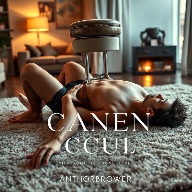 A striking book cover design featuring a shirtless man lying on his back on a plush carpet in a modern apartment