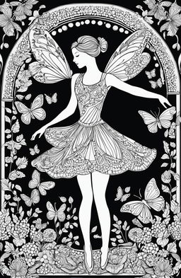 An intricate coloring page featuring a graceful ballerina in mid-dance, surrounded by whimsical elements including botanical designs and butterflies, in the style of Johanna Basford