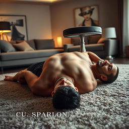 A striking book cover design featuring a shirtless man lying on his back on a plush carpet in a modern apartment