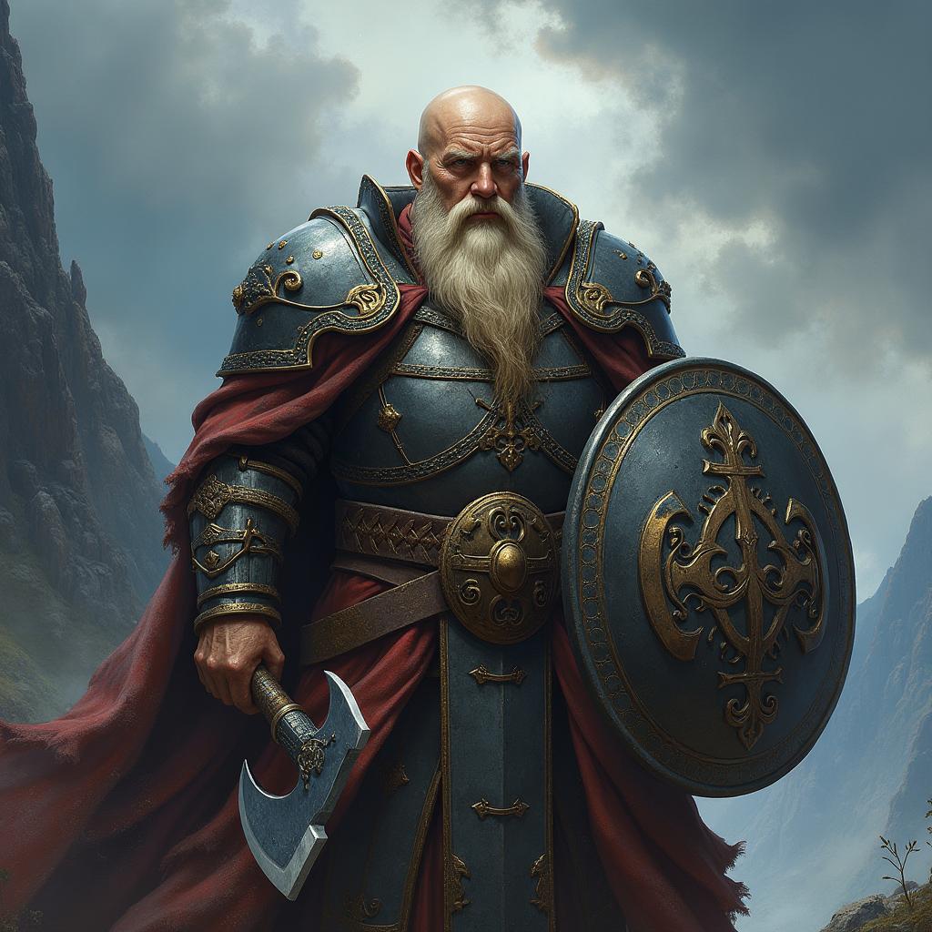 A detailed image of a bald Dwarven war cleric who is a devoted follower of Clangeddin Silverbeard