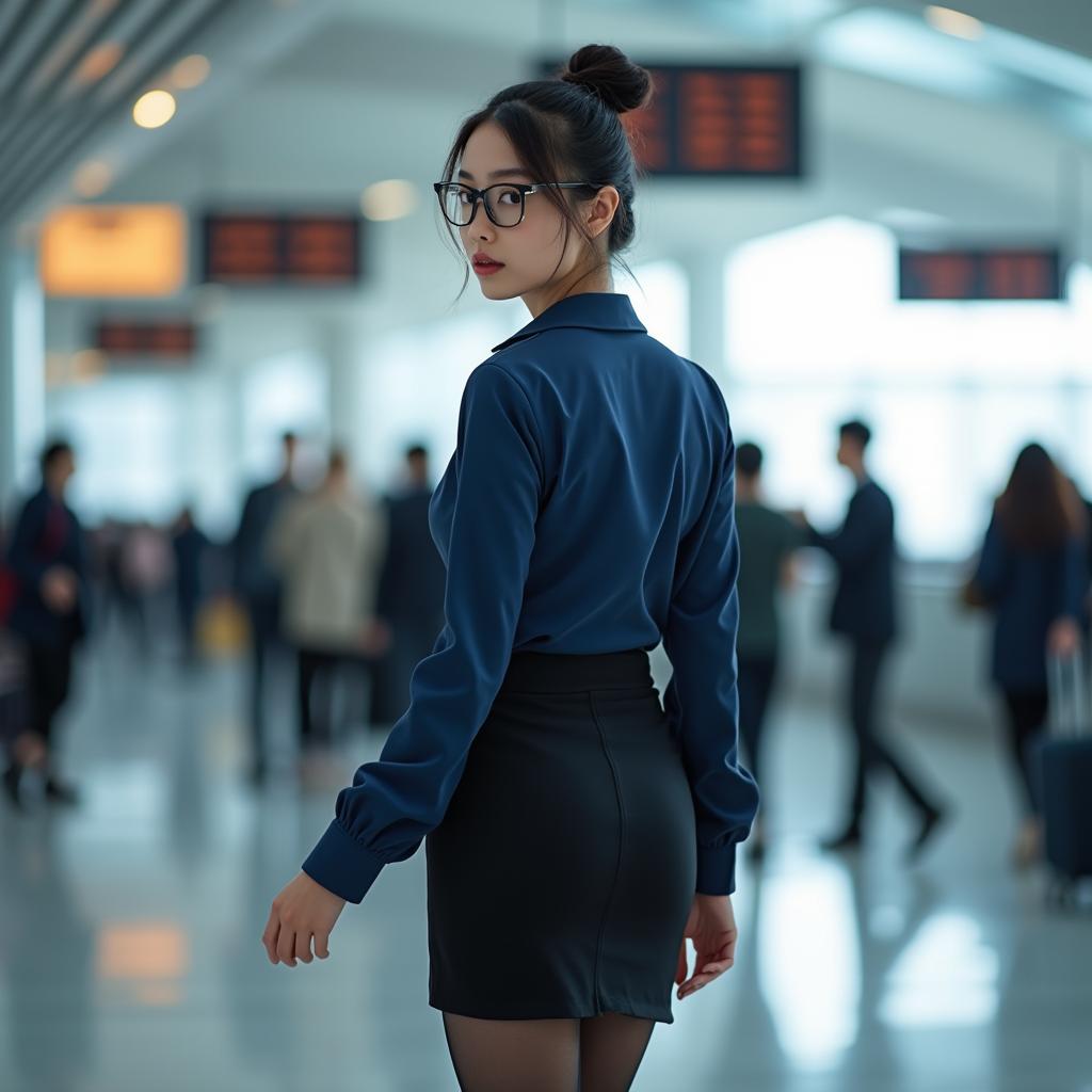 A gorgeous and alluring Japanese professional woman walks gracefully through a bustling airport, glancing back seductively