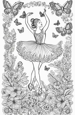 An intricate coloring page featuring a graceful ballerina in mid-dance, surrounded by whimsical elements including botanical designs and butterflies, in the style of Johanna Basford