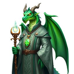 An emerald dragonborn cleric standing confidently, dressed in intricate clerical robes adorned with religious symbols