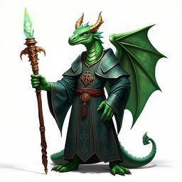 An emerald dragonborn cleric standing confidently, dressed in intricate clerical robes adorned with religious symbols