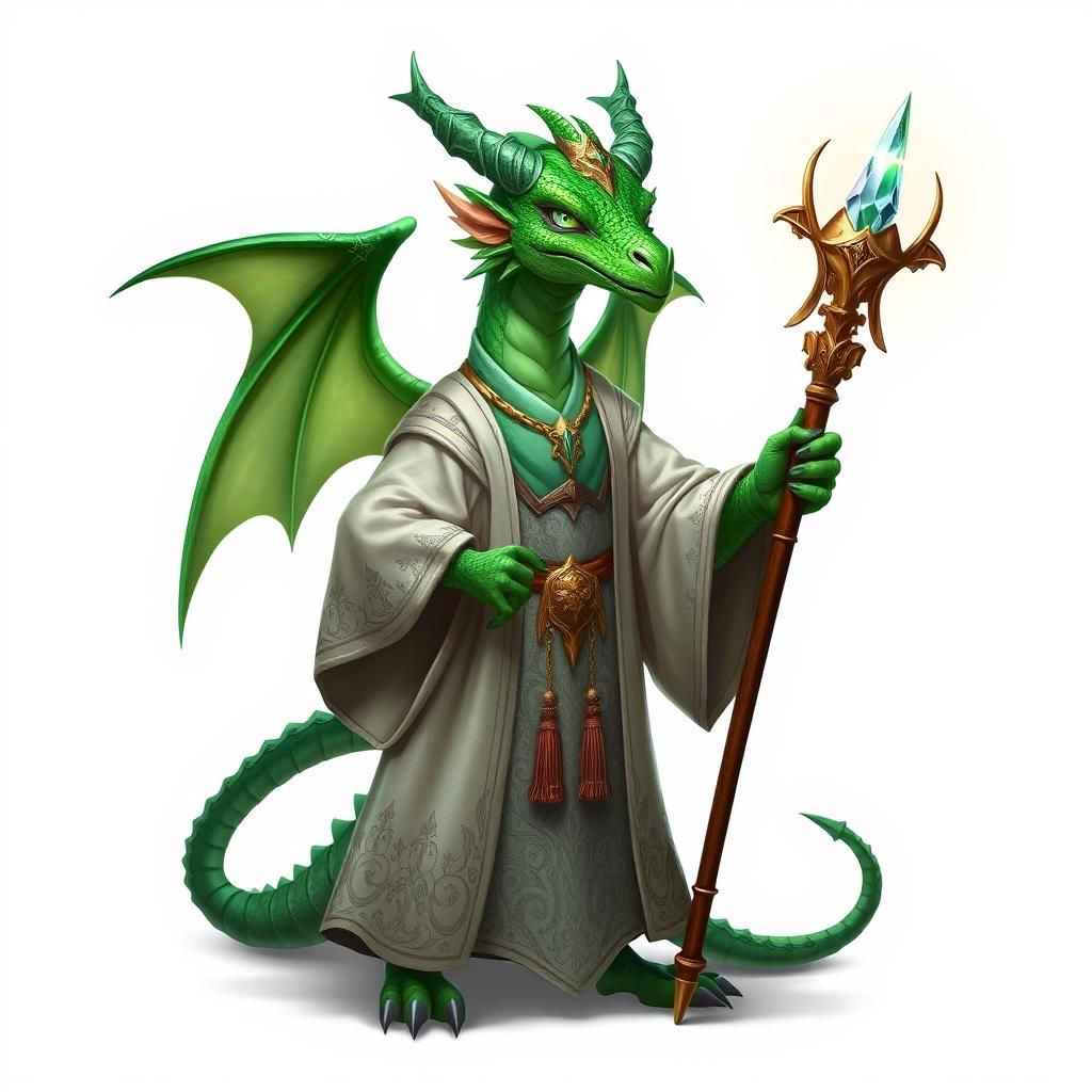 An emerald dragonborn cleric standing confidently, dressed in intricate clerical robes adorned with religious symbols