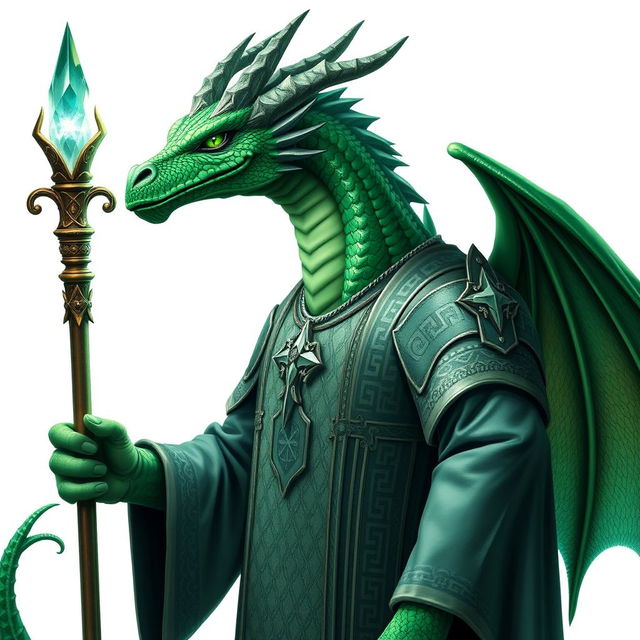 An emerald dragonborn cleric standing confidently, dressed in intricate clerical robes adorned with religious symbols