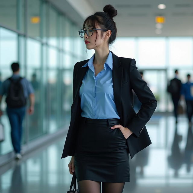 A stunningly attractive Japanese professional woman is captured walking through an airport, looking back over her shoulder with a seductive expression