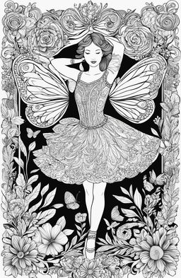 An intricate coloring page featuring a graceful ballerina in mid-dance, surrounded by whimsical elements including botanical designs and butterflies, in the style of Johanna Basford