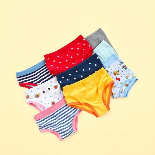 A collection of stylish boy briefs arranged neatly, showcasing various colors and patterns