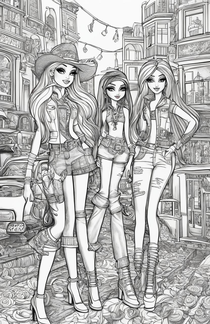 A black and white, intricately detailed colouring book page featuring the Bratz dolls in a lively social scene, drawn in the style of artist Tim Jeffs