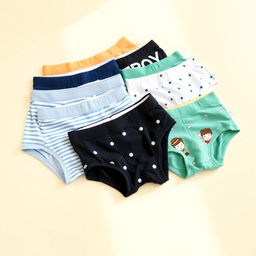 A collection of stylish boy briefs arranged neatly, showcasing various colors and patterns
