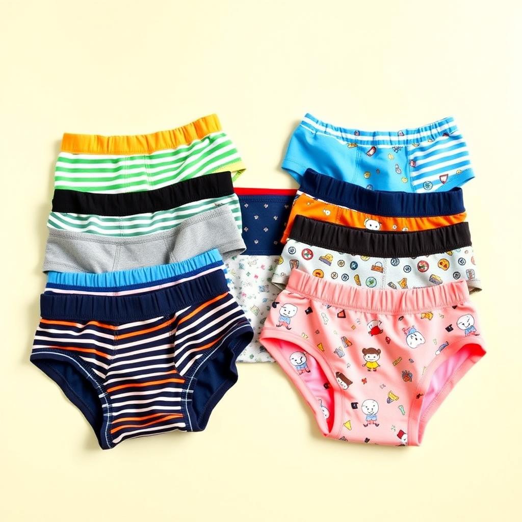 A collection of stylish boy briefs arranged neatly, showcasing various colors and patterns