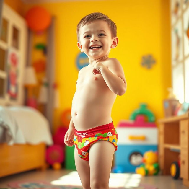 A young boy playfully posing in his colorful briefs, standing in a bright, cheerful environment, such as a sunny bedroom or playful outdoor setting